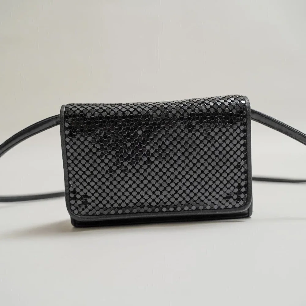 Vintage Whiting & Davis Black Leather And Chainmail Crossbody Bag